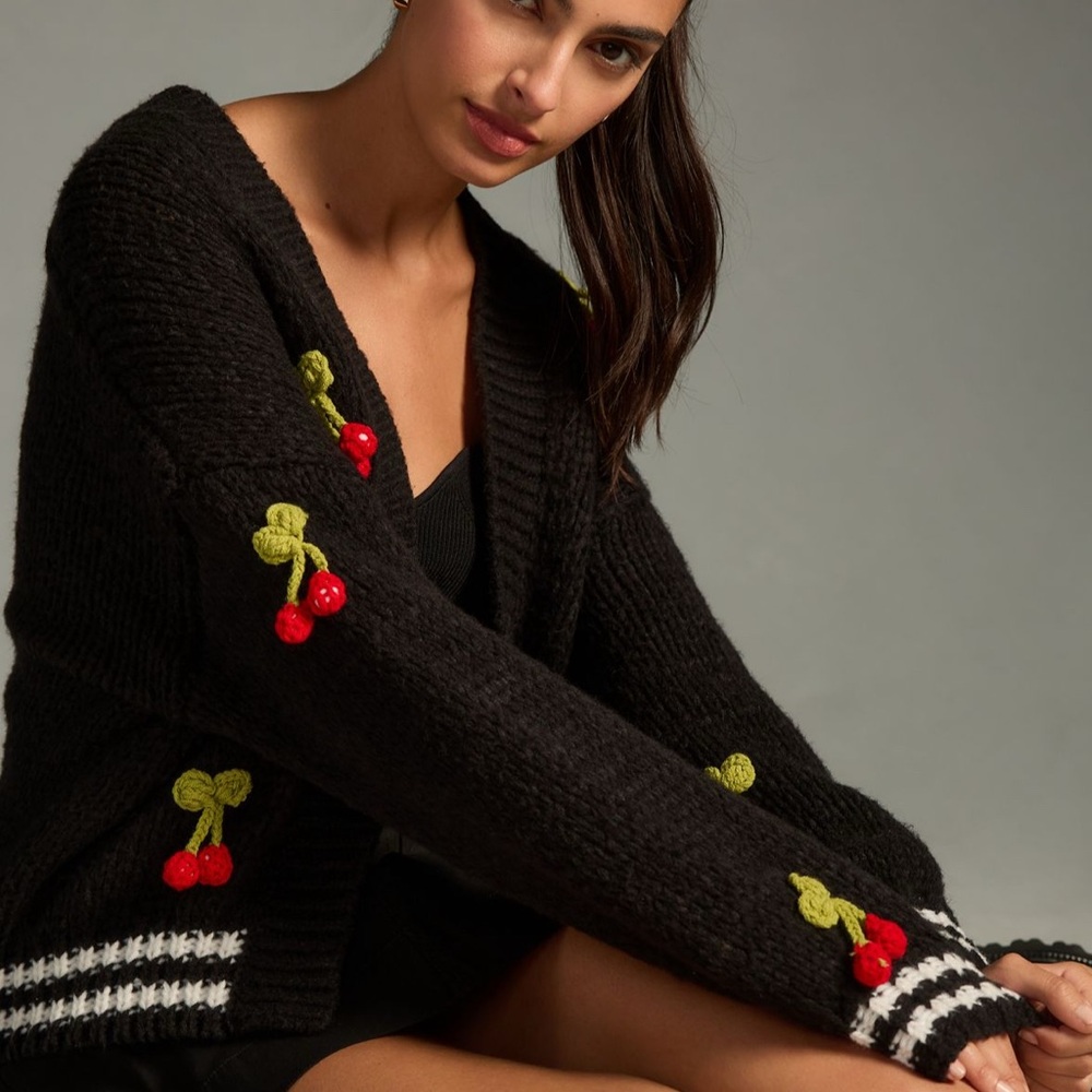 Anthropologie Maeve Black Varsity Cardigan Sweater 3D Cherry